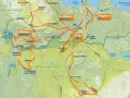Karta över Vålådalen med markerade leder för vålådalen vandring. Visar sevärdheter som Ottfjället, Vallbo och Vålåstugan.