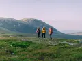 Tre personer på vandring i Idre fjällandskap. Solen lyser på de böljande kullarna och fjällen i bakgrunden.