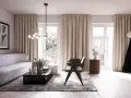 Ett elegant vardagsrum med skandinavisk inredning. En ljus soffa, marmorbord och en unik golvlampa skapar en stilfull atmosfär.