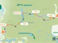 Karta över Kungsleden med vandringsleder, orter som Hemavan, Vindelfjällen och Ammarnäs, samt gränsen till Norge.