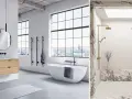 Modernt badrum med dubbla duschar i mässing och en fristående badkar. Inspireras av dessa inredningstips badrum för en lyxig känsla.
