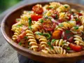 En härlig pastasallad med körsbärstomater, rödlök och örter. Ett perfekt pastasallad recept för sommaren.