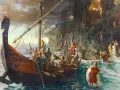 Vikingar landstiger vid en klippig kust, redo för strid. Spännande vikingar fakta i en dramatisk målning.