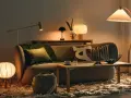Mysig soffgrupp med flera design bordslampor som skapar stämning.