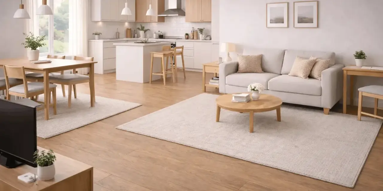 Ljust och luftigt vardagsrum med kök i öppen planlösning. En soffa, soffbord och matplats med stolar. Allt är inrett med mattor som skapar en mysig atmosfär.
