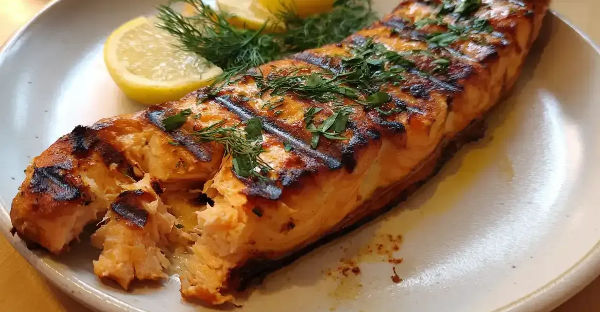 En saftig bit lax, perfekt grillad med fina ränder. Serverad med citronklyftor och dill. En härlig måltid att grilla lax till.