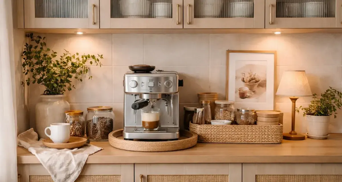 En mysig kaffestation hemma med espressomaskin, kaffebönor i burkar, en vit kopp och en grön växt.