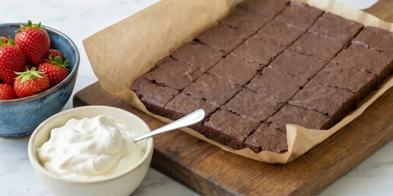 En kladdkaka i långpanna, uppskuren i rutor, serveras med vispad grädde och färska jordgubbar.