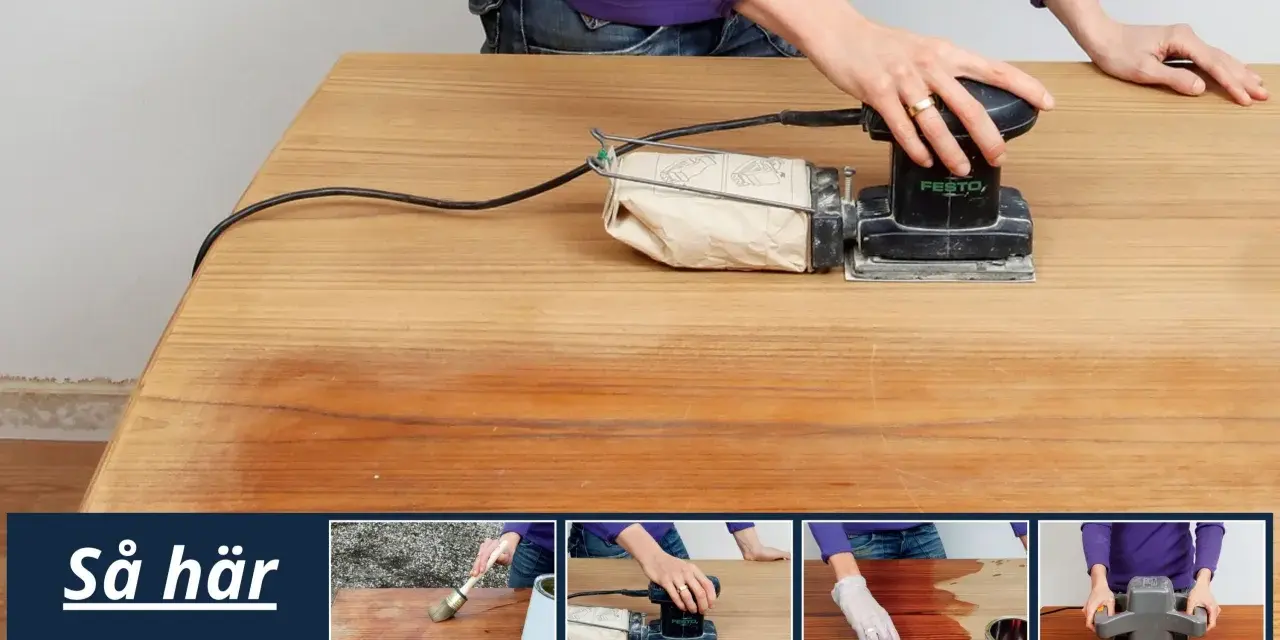 Person slipar teakbord med en Festool-slipmaskin. Bilden visar steg för att slipa och olja ett träbord.
