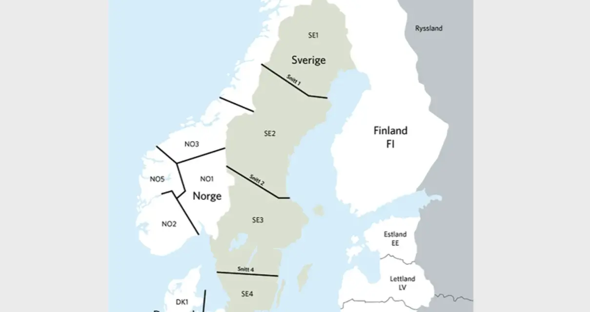 Karta över Norden med Sverige uppdelat i fyra regioner (SE1-SE4). Norge, Danmark, Finland och Baltikum syns också.