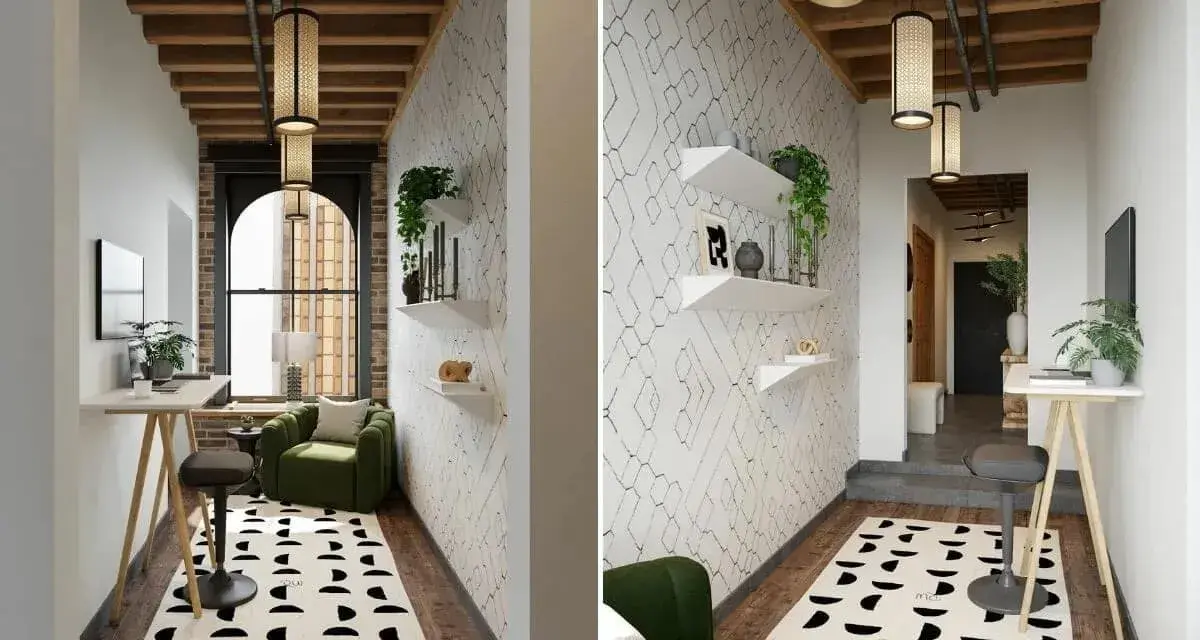 Industriell inredning inspiration: En grön soffa, ett skrivbord med pall och en mönstrad matta skapar en mysig vrå.
