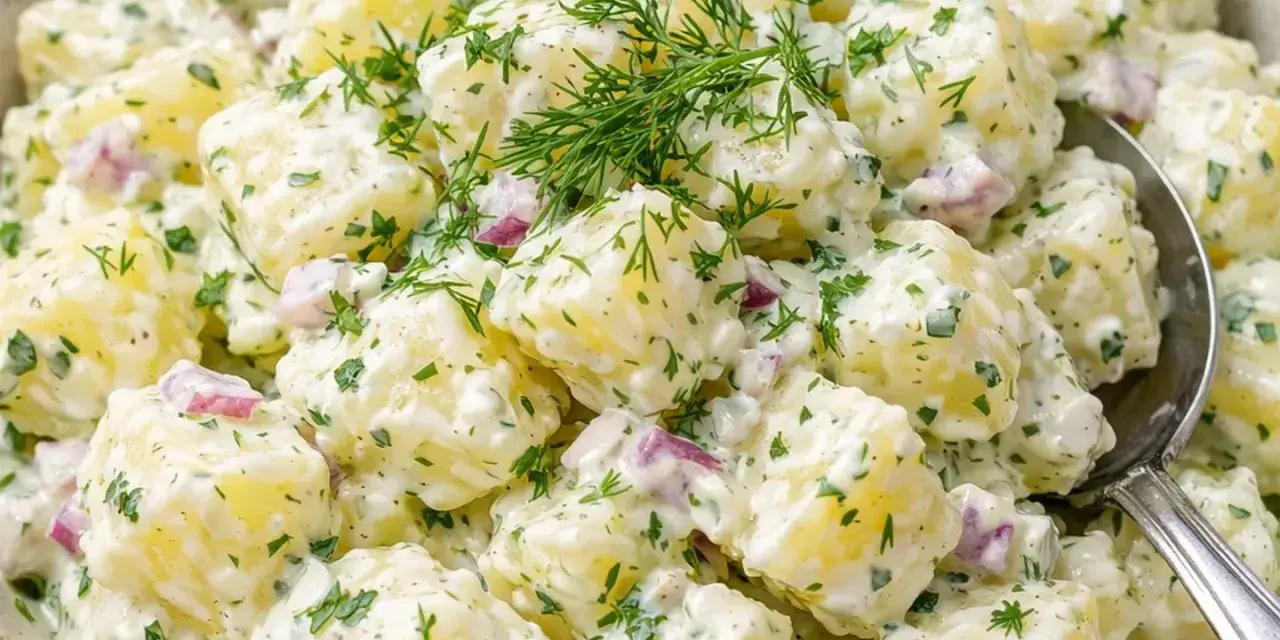 En krämig och härlig egen potatissallad med dill och rödlök, perfekt till grillkvällen.