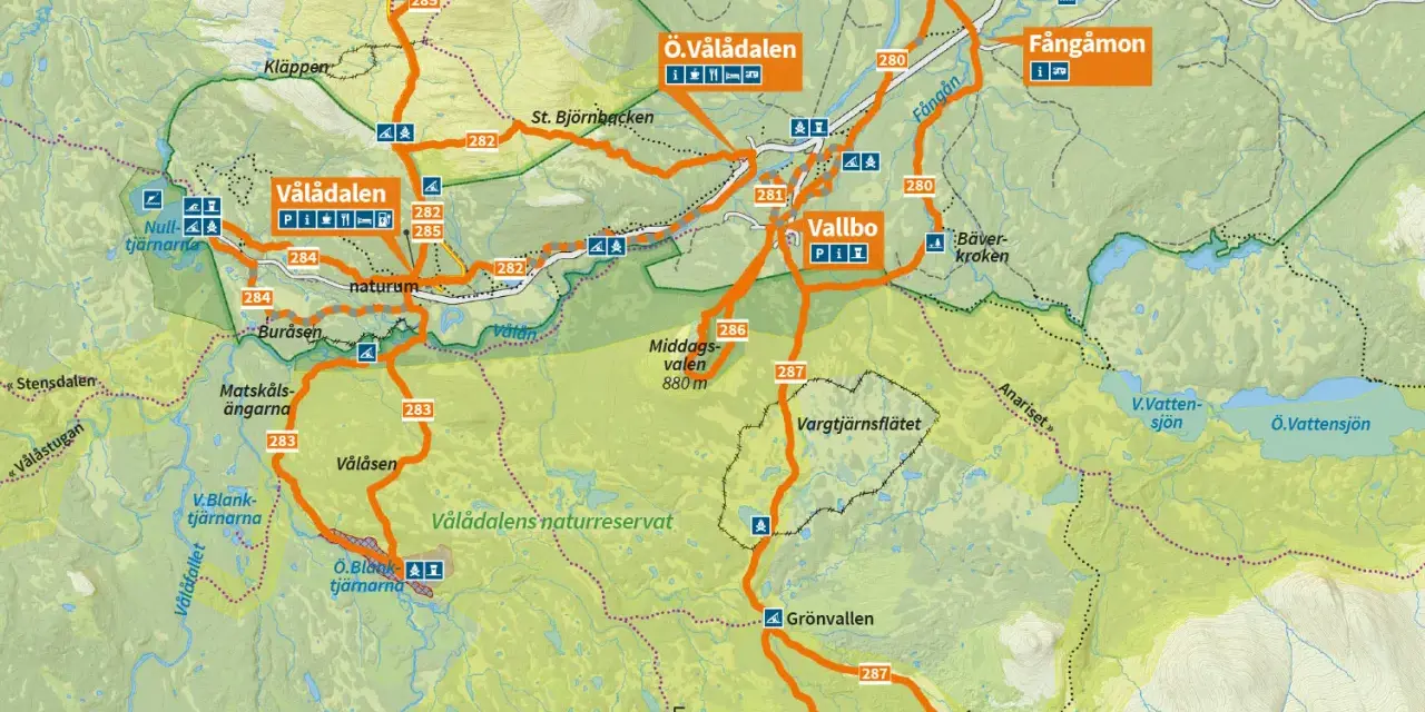 Karta över Vålådalen med markerade leder för vålådalen vandring. Visar sevärdheter som Ottfjället, Vallbo och Vålåstugan.