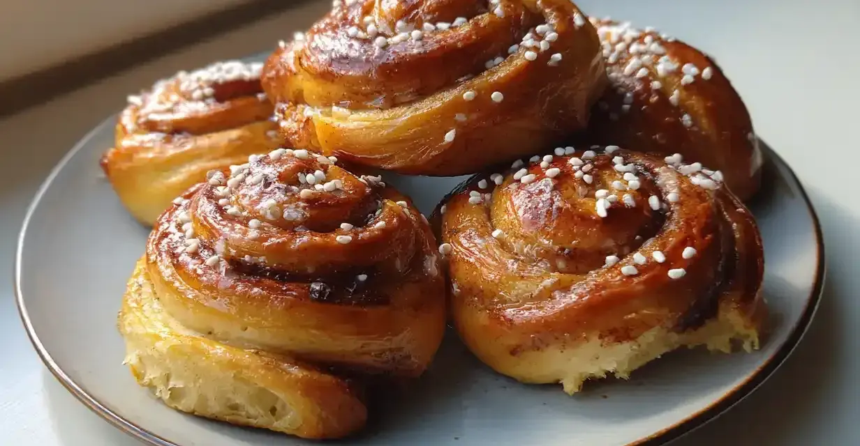 Färska kanelbullar med pärlsocker, redo att avnjutas. Ett perfekt kanelbullar recept för fikat.