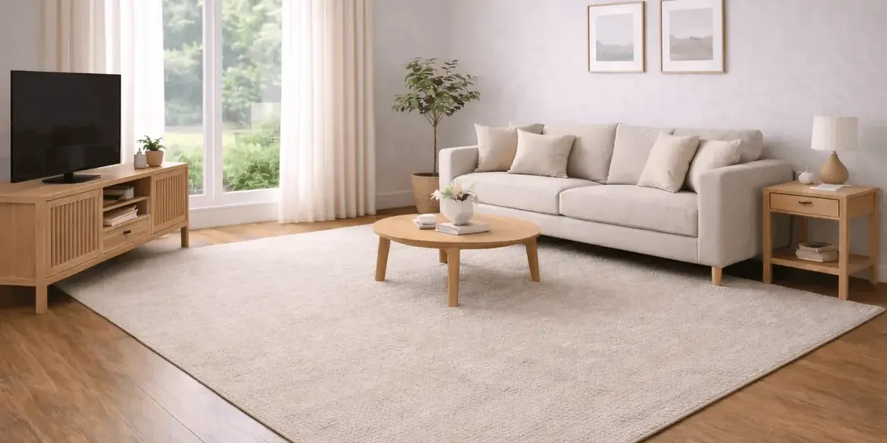 Ett ljust och luftigt beige vardagsrum med en stor soffa, soffbord och TV-bänk. En stor, mjuk matta täcker golvet.