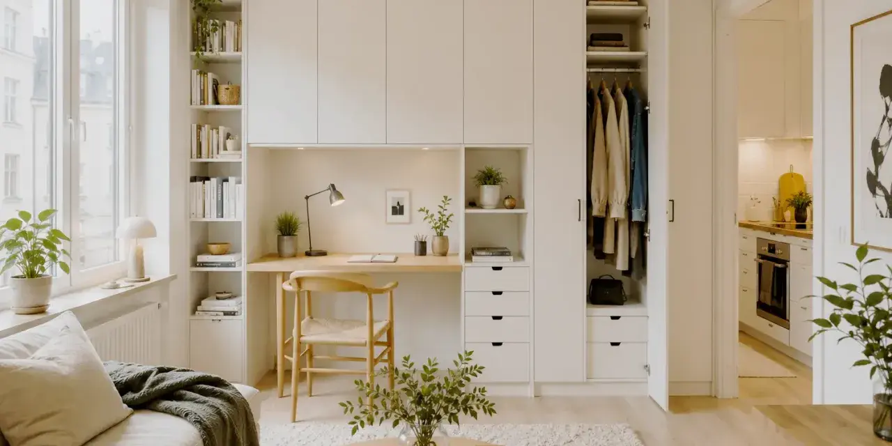 Ett hem med skandinavisk design. En soffa, ett runt soffbord och en inbyggd möbel med skrivbord, förvaring och garderob.
