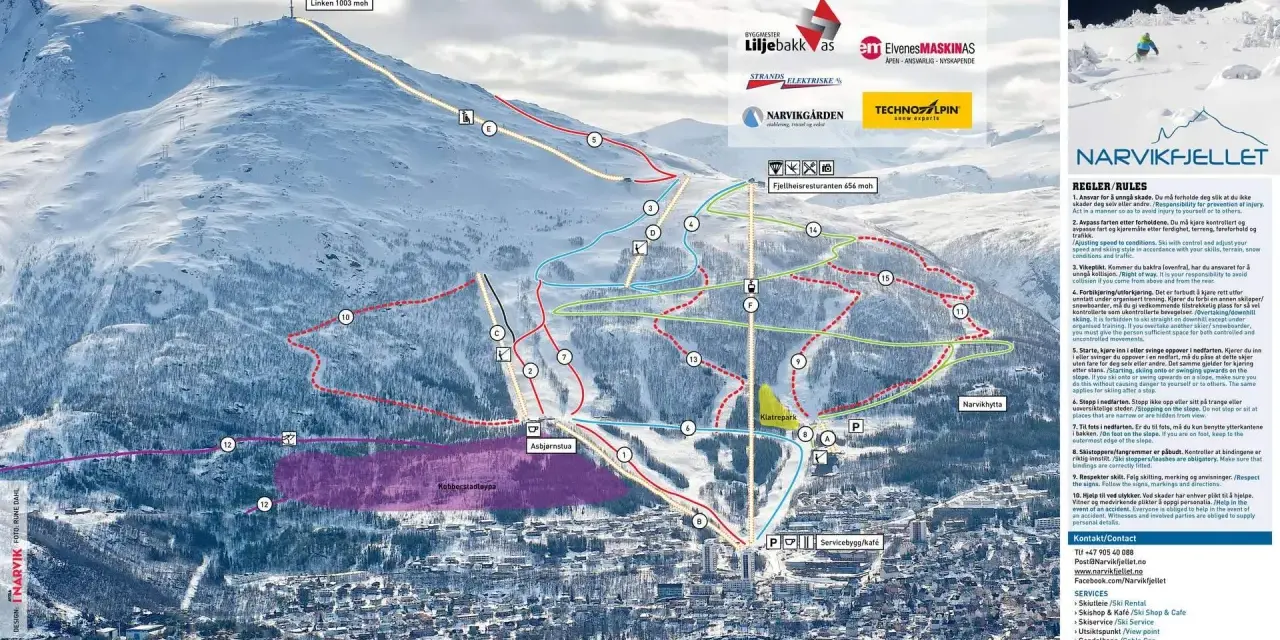 Løypekart för narvik skidåkning med olika pister, liftar och symboler.