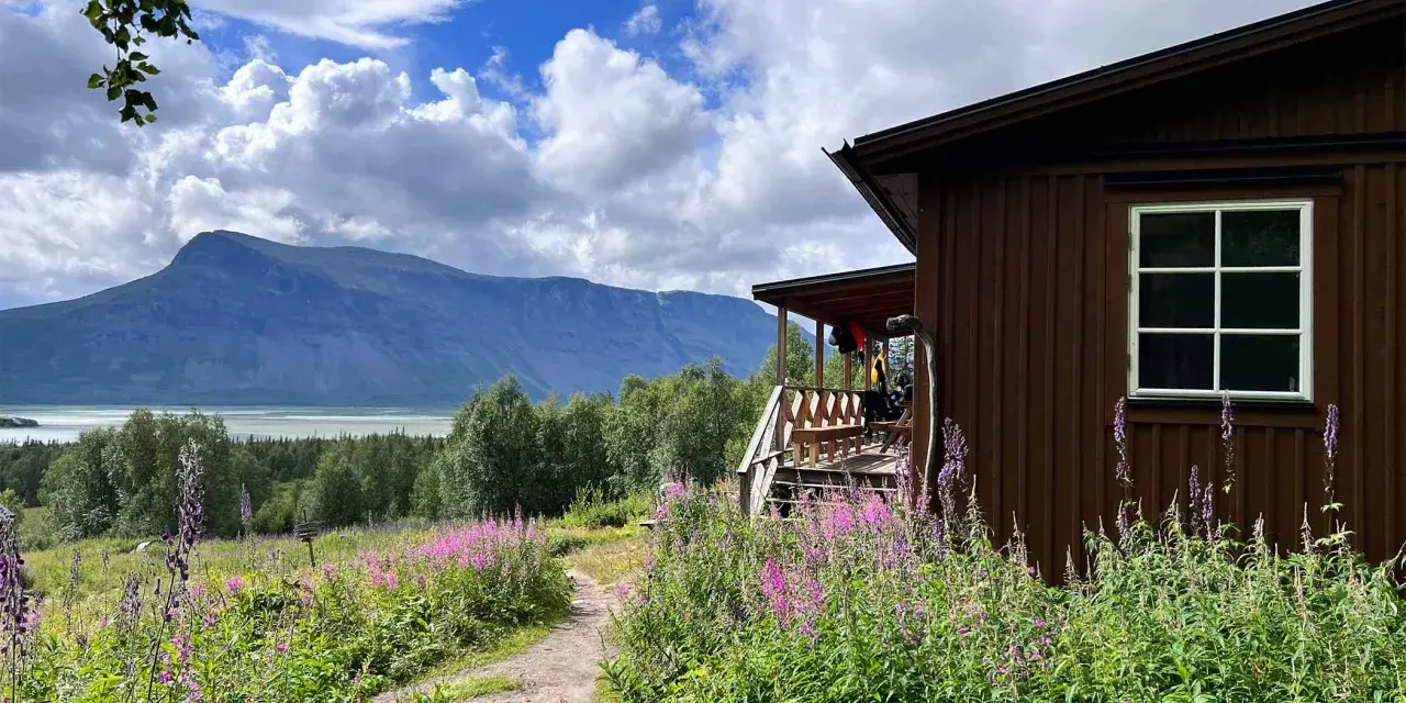 En brun stuga vid en blomsteräng med fjäll i bakgrunden. En stig leder mot stugan, en del av Kungsleden i Sarek.