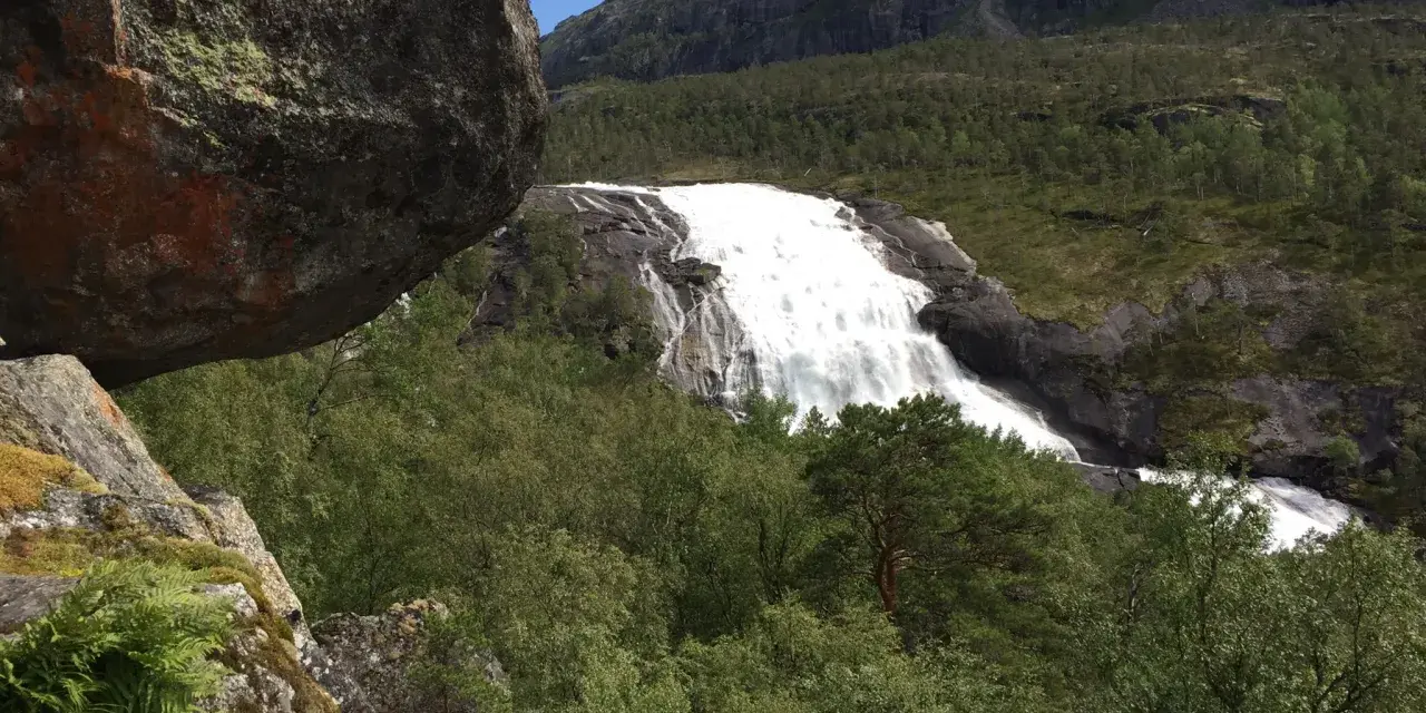 En mäktig fors forsar nerför bergssluttningen, omgiven av grönskande skog och stenblock. En perfekt vy för vandring på Hardangervidda.