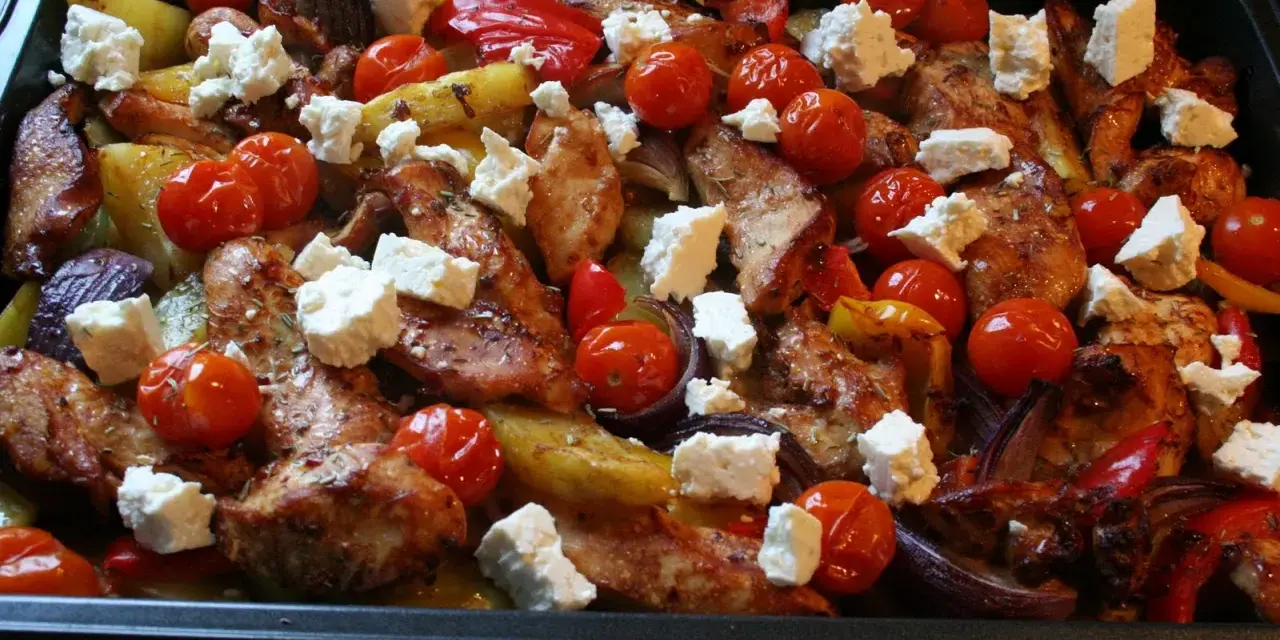 En härlig grekisk pyttipanna med kyckling, potatis, tomater, paprika och fetaost i en ugnsform.
