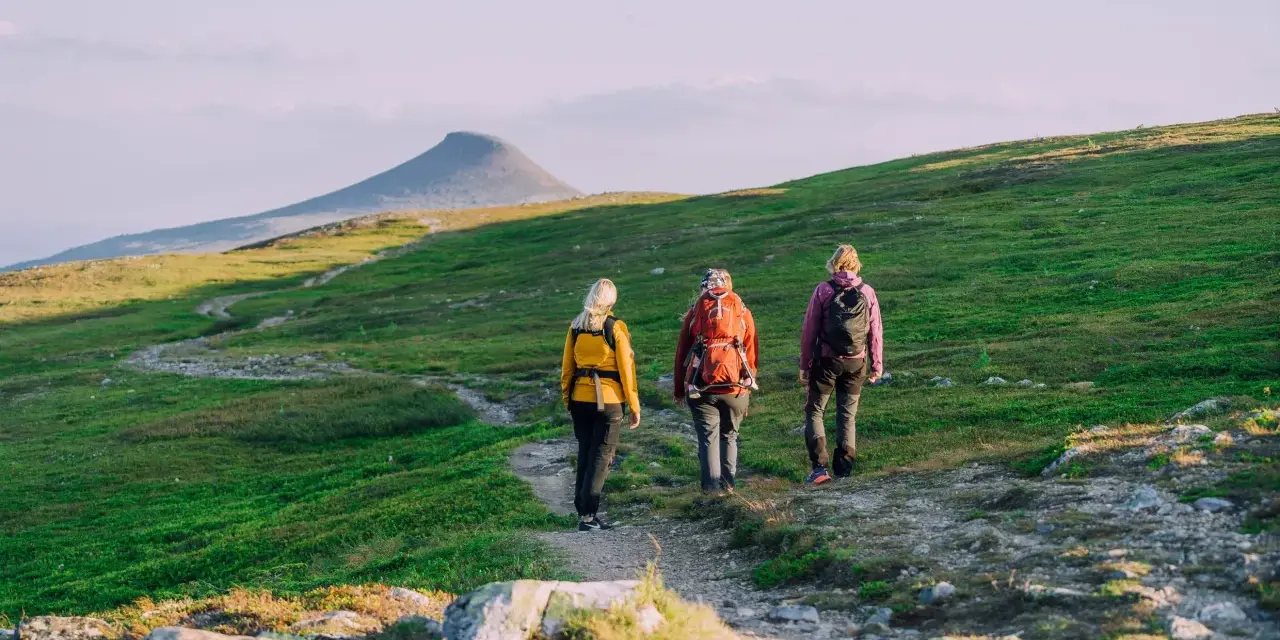 Tre vänner vandrar på en stig i fjällen, redo för äventyr med sina ryggsäckar. En perfekt stund för att kolla stf packlista.