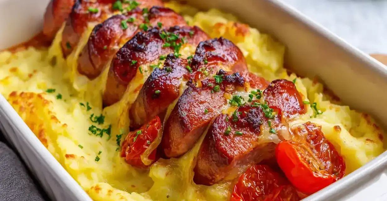 En härlig ugnsbakad falukorv med krämigt potatismos och rostade tomater, toppad med färsk persilja. En klassisk svensk rätt som värmer själen.