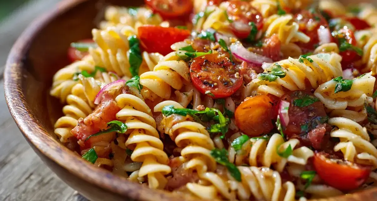 En härlig pastasallad med körsbärstomater, rödlök och örter. Ett perfekt pastasallad recept för sommaren.