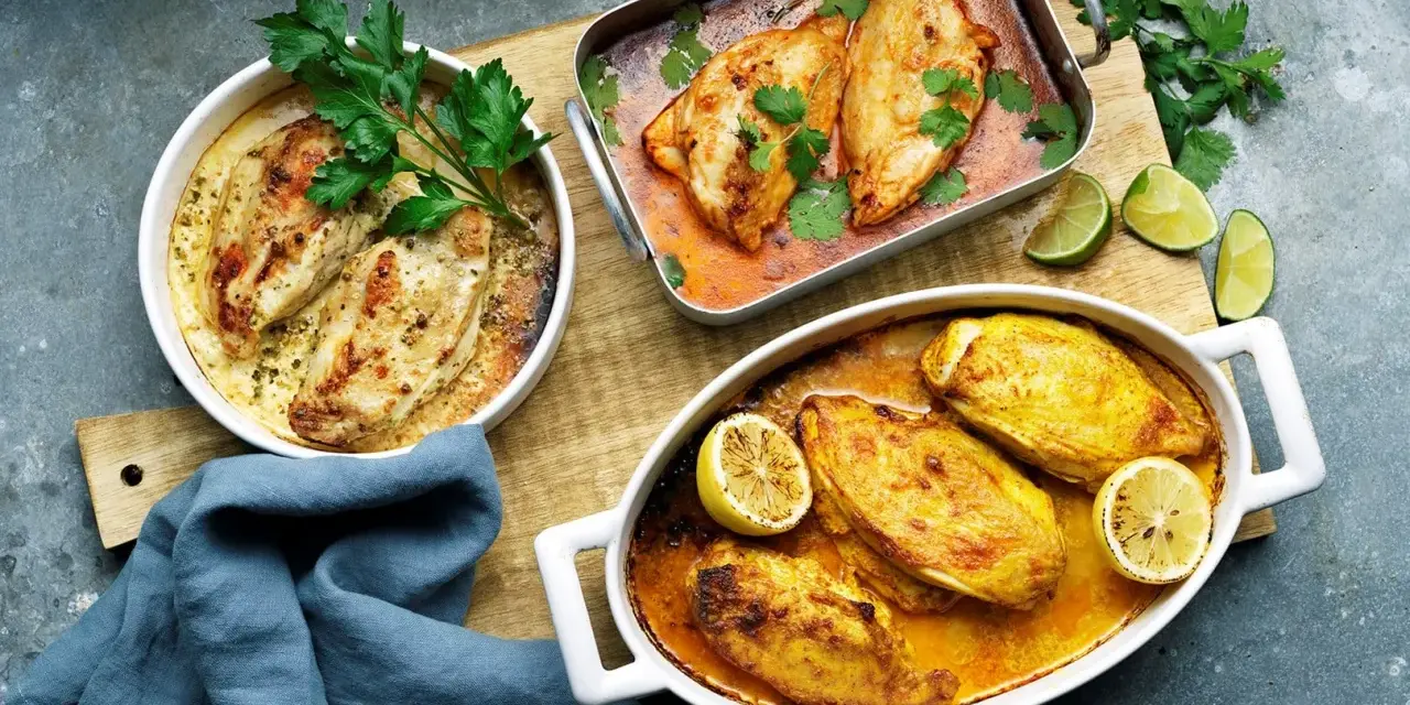 Tre ugnsbakade kycklinglårfile i olika former, redo att serveras. Ett perfekt kycklinglårfile recept för middagen.