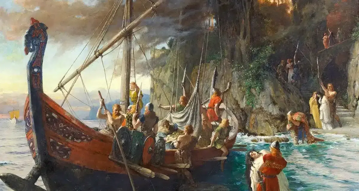 Vikingar landstiger vid en klippig kust, redo för strid. Spännande vikingar fakta i en dramatisk målning.