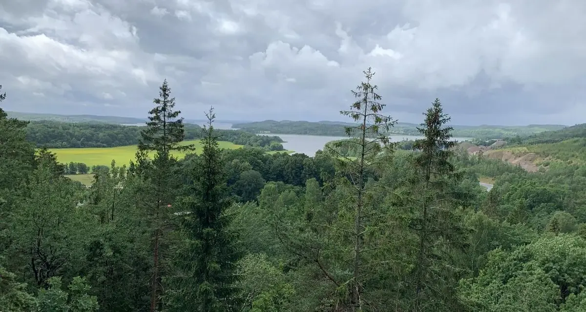 Vacker utsikt över sjö och skog, perfekt för vandringsleder Alingsås. Molnig himmel över det gröna landskapet.