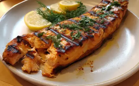 En saftig bit lax, perfekt grillad med fina ränder. Serverad med citronklyftor och dill. En härlig måltid att grilla lax till.