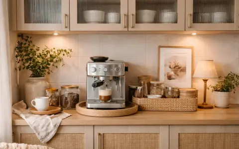 En mysig kaffestation hemma med espressomaskin, kaffebönor i burkar, en vit kopp och en grön växt.