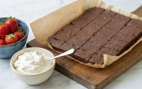 En kladdkaka i långpanna, uppskuren i rutor, serveras med vispad grädde och färska jordgubbar.