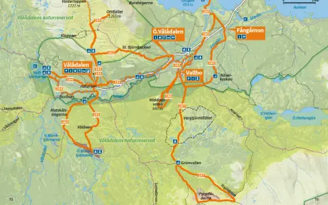 Karta över Vålådalen med markerade leder för vålådalen vandring. Visar sevärdheter som Ottfjället, Vallbo och Vålåstugan.