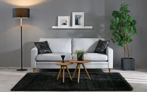 En modern soffgrupp med soffa, soffbord och golvlampa. De organiska formerna i soffbordet och krukan ger en mjuk känsla.