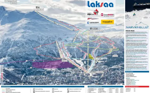 Løypekart för narvik skidåkning med olika pister, liftar och symboler.