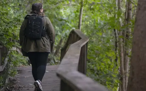 En person med ryggsäck vandrar på en träbro genom en lummig skog. En härlig vandring i Dalarna.