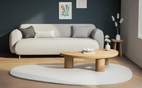 En ljus soffa med kuddar, ett runt träbord och en rund matta. En vas med torkade blommor på en pall. Olika inredningsstilar kan inspirera detta lugna rum.