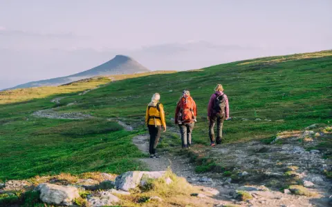 Tre vänner vandrar på en stig i fjällen, redo för äventyr med sina ryggsäckar. En perfekt stund för att kolla stf packlista.