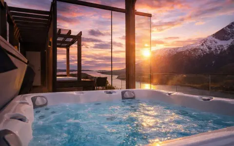 Bubblande badtunna med utsikt över en fjord och snöklädda berg i Innerdalen, Norge. Solnedgången färgar himlen i varma toner.