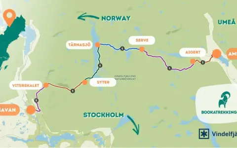 Karta över Kungsleden med vandringsleder, orter som Hemavan, Vindelfjällen och Ammarnäs, samt gränsen till Norge.