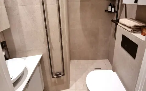 Modernt och stilrent små badrum inspiration med dusch, handfat och vägghängd toalett. Ljusbeige kakel ger en lugn känsla.