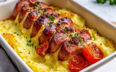 En härlig ugnsbakad falukorv med krämigt potatismos och rostade tomater, toppad med färsk persilja. En klassisk svensk rätt som värmer själen.