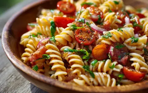 En härlig pastasallad med körsbärstomater, rödlök och örter. Ett perfekt pastasallad recept för sommaren.