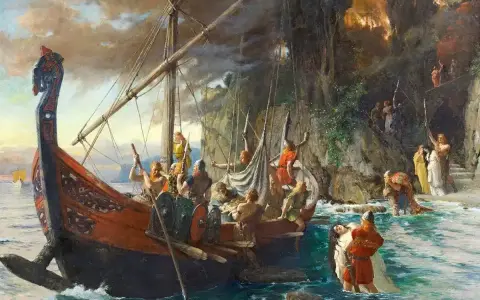 Vikingar landstiger vid en klippig kust, redo för strid. Spännande vikingar fakta i en dramatisk målning.
