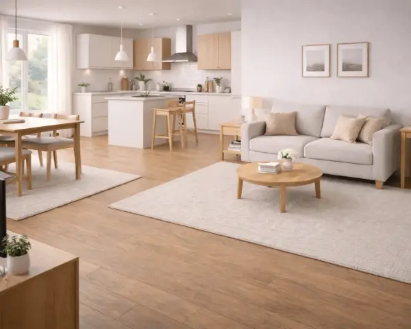 Ljust och luftigt vardagsrum med kök i öppen planlösning. En soffa, soffbord och matplats med stolar. Allt är inrett med mattor som skapar en mysig atmosfär.