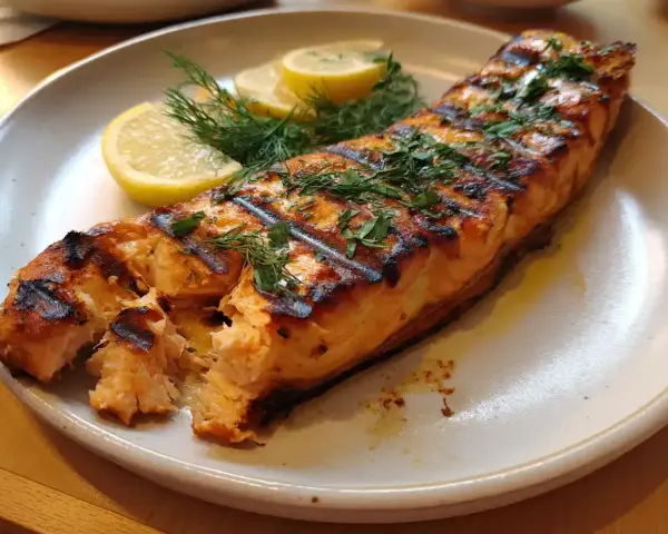 En saftig bit lax, perfekt grillad med fina ränder. Serverad med citronklyftor och dill. En härlig måltid att grilla lax till.