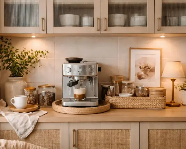 En mysig kaffestation hemma med espressomaskin, kaffebönor i burkar, en vit kopp och en grön växt.