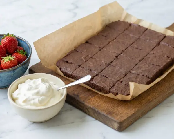 En kladdkaka i långpanna, uppskuren i rutor, serveras med vispad grädde och färska jordgubbar.