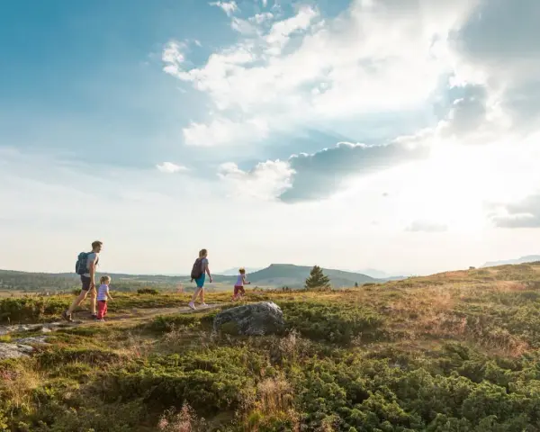 Familj vandrar i solnedgången vid Beitostølen sommar. Barnen springer glatt före föräldrarna genom det kuperade landskapet.